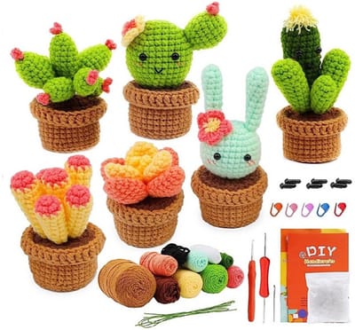 Ultiluxe® Haakpakket Cactus/bloemen - 6 stuks - Complete DIY set - Crochet kit - Knutselset voor Kinderen of Volwassenen - Bloemetjes - Groen/bruin