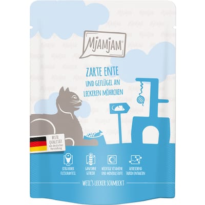 6x 300g MjAMjAM Squeeze malse eend & gevogelte met smakelijke wortelen nat kattenvoer