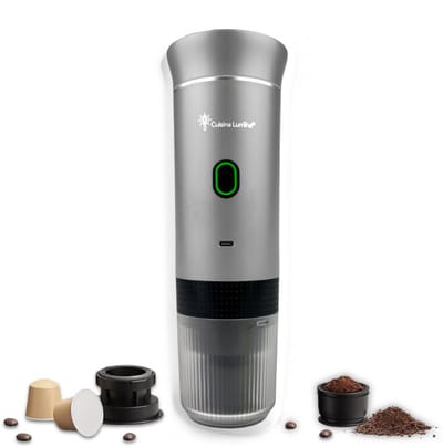 Draagbare koffiemachine - Cuisina Lumina ® - Hoogwaardige kwaliteit - 120 ML - Voor onderweg - Draagbaar koffiezetapparaat - Camping gadget - Oplaadbaar - Verwarmt water - Koffiecups & gemalen koffie - Espresso & Lungo - Matte lichtgrijs