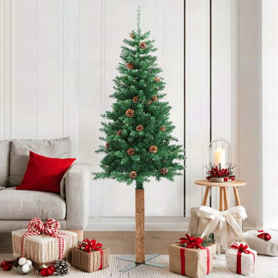 vidaXL - Kerstboom - met - echt - hout - en - dennenappels - smal - 180 - cm - PVC - groen