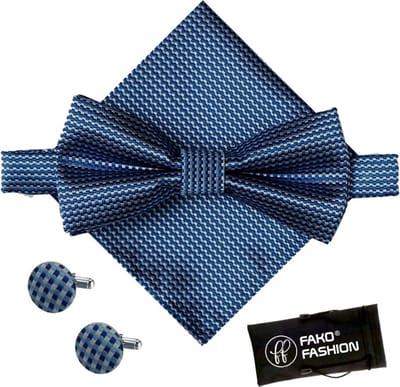 Fako Fashion - Vlinderstrik, Pochette & Manchetknopen Blok - Vlinderdas - Strikje - Pochet - Geblokt - Royal Blauw - Koningsblauw