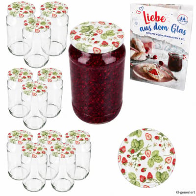 12-delige set ronde glazen 1062 ml To 82 bos-aardbeien deksel incl. Diamant Gelierzauber receptenboekje