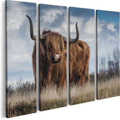 Artaza Canvas Schilderij Vierluik Schotse Hooglander Koe - Kleur - 80x60 - Foto Op Canvas - Canvas Print