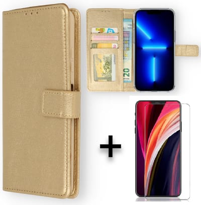 Casemania Hoesje Geschikt voor Apple iPhone 14 Plus Goud & Glazen Screenprotector - Portemonnee Book Case - Kaarthouder & Magneetlipje