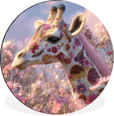 WallCircle - Wandcirkel - Muurcirkel - Giraffe - Bloemen - Roze - Aluminium - Dibond - 30x30 cm - Binnen en Buiten