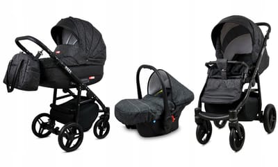 BabyLux® Kinderwagen 3in1 - AXEL - CARBON BLACK FRAME - Opklapbare Wandelwagen incl. Reiswieg, Multifunctionele Buggy Sportstoel, Autostoel - Combi-kinderwagen met Luiertas, Regenhoes, Klamboe, Bekerhouder, etc.