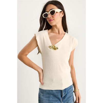 Textuur V-hals Mouwloze Blouse met Accessoire Detail