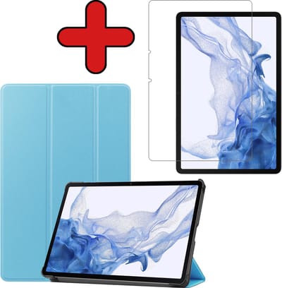Hoesje - Geschikt voor Samsung Galaxy Tab S8 Plus - Met Screenprotector - Hardcover Book Case - Trifold Bookcase Hoes - Hard Cover - Tablethoes - Lichtblauw