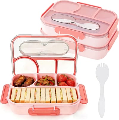 KZQ lunchbox met 4 vakken - Stevig en duurzaam, vaatwasmachinebestendig, BPA-vrij - Geschikt voor volwassenen, school, werk en reizen - Set van 2 - Roze - 1100 ml