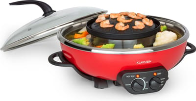Klarstein Szechuan - Hot Pot en grillplaat, Hot Pot pan inhoud: 5 liter, Hot Pot grill 1350 W / 38 cm Ø, Grillplaat: 600 W / 22 cm Ø, Verwarmingselement van aluminium, rood
