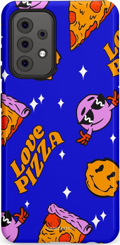 Casetastic hoesje geschikt voor Samsung Galaxy A52 (2021) 5G / Samsung Galaxy A52 (2021) 4G - Dubbellaagse bescherming - Funky Pizza - Fashion Case - Paars Okergeel Donkerblauw Bruin
