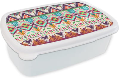 Broodtrommel Wit - Lunchbox - Brooddoos - Azteken - Zuid-Amerika - Patronen - 18x12x6 cm - Volwassenen