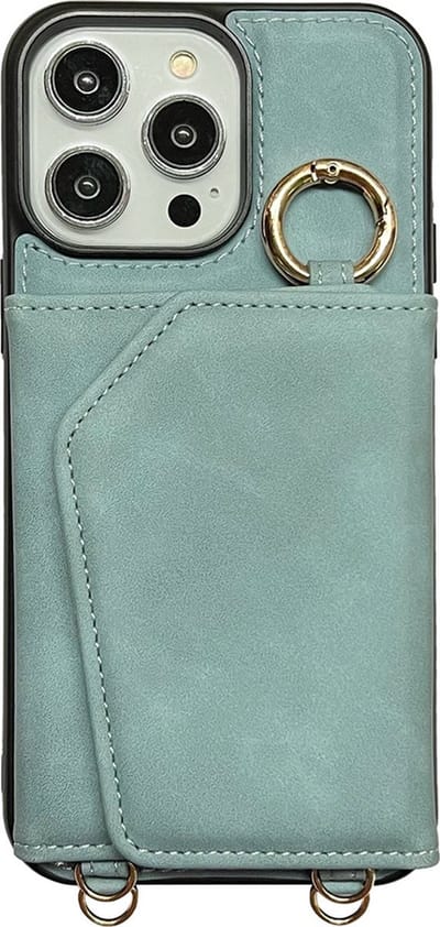 CaseMania Backcase hoesje geschikt voor iPhone 15 Pro - Effen Aqua - Kunstleer - met Nekkoord, Pashouder en Spiegeltje