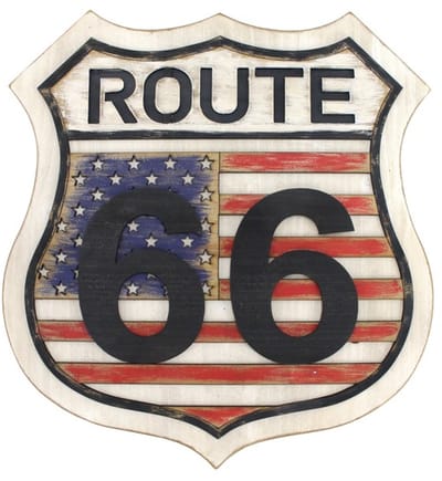 Route 66 Wandbord Amerikaans Schild – Stoere Amerikaanse Vlag Decoratie – Polystone Retro Muurbord – 38x36 cm – Vintage Mancave & Garage Decoratie