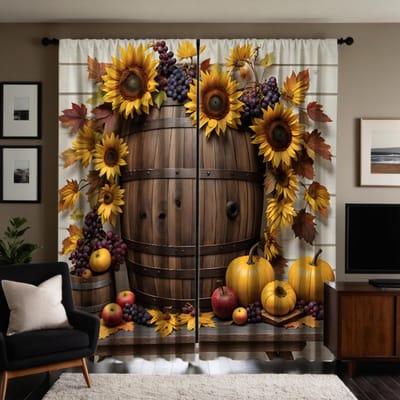2 pièces HD Tonneau à citrouille de Thanksgiving Rideau décoratif Tournesol Cravate jaune Rideau imprimé numériquement Style de décoration intérieure Dec W52H63inchW132H160cm brown