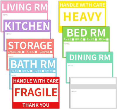 Verhuis Etiketten - Verhuisstickers Labels - Verhuis Organisatie - 9 Ontwerpen Inclusief - 5 x 3 cm - Kleurgecodeerd