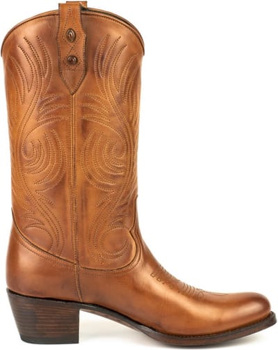 Mayura Boots 2526 Hazelnoot Bruin Dames Boho Western Laarzen Blad Motief Sierstiksel Ronde Neus Schuine Hak Glad Leer Maat EU 37