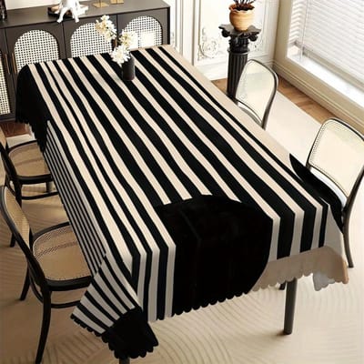 Moderne Zwart-Witte Gestreepte Tafelkleed, Gedurfde Verticale Streep Print met Golvende Rand, Vlekbestendig voor Eetkamer & Chic 90x140cm black