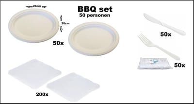 BBQ set 50 personen - 50x Bord ovaal suikerriet - 50x Mes Herbruikbaar wit - Vork Herbruikbaar wit - 200x Servetten wit - Festival Themafeest party tuin feest