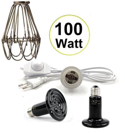 UniEgg® Keramische Lampenhouder met dimmer en beschermkap | 100cm snoer inclusief 100 watt XL keramische warmtelamp | Geschikt voor Keramische en infrarood Warmtelampen (E27) Kuikens, Reptielen, Amfibieën en andere diersoorten.