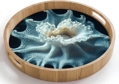 Dienblad rond 40x40 cm - Schootdienblad hout - Zeewezen - Wit - Golven - Water - Borrelplank rechthoek - Plateau houten dienbladen