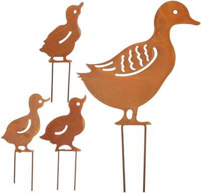 Dailygoods- Tuinsteker Eendenfamilie - Tuindecoratie - Roestig Metaal - Decoratie voor Pasen - Duurzaam Tuinfiguur - Geschikt voor Tuin en Gazon