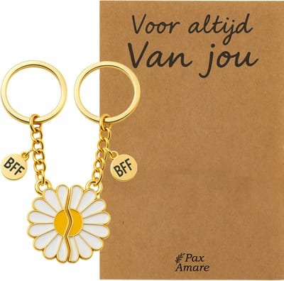 Koppel Sleutelhanger voor 2 'Voor altijd van jou' - Magnetische Bloem - Sleutelhanger set op Cadeau Kaartje - Goudkleurig - Persoonlijke Hanger - Pax Amare