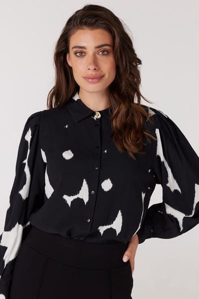 Jansen Amsterdam Wbp764 Blouse Print With Puffsleeves Dames - Jurken - Kleedje - Gebroken wit - Maat S