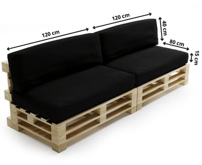 Bananair - Palletkussens 2x Set - Afneembare hoes - Waterbestendig - Tuinkussens voor Palletbank - 2x Zitkussen 120x80x15 cm & 2x Rugkussen 120x40x15 cm - Zwart