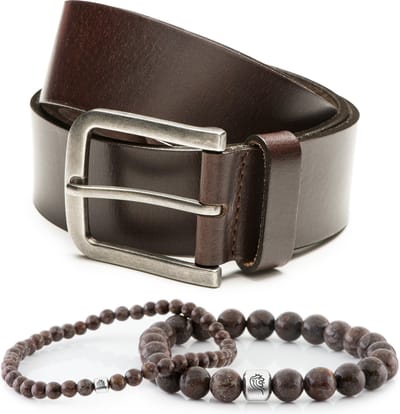 DTCH.FIT Kralen armband Bill Brown one size & Leren riem Mason Donkerbruin - 4cm breed - 85cm - Totale lengte 100cm