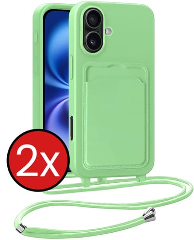 Hoesje Geschikt voor iPhone 16 Plus Hoesje Met Telefoonkoord en Pasjeshouder Siliconen - Hoes Geschikt voor iPhone 16 Plus Hoesje Met Kaarthouder Case - Groen - 2 PACK