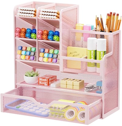 Unyqoos ® Bureau-organizer met Multifunctionele Opslagcapaciteit en Uniek Design voor Thuis, School en Kantoor (Roze)