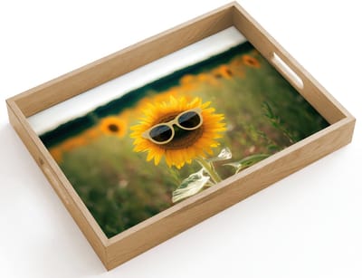 Dienblad hout 40x30 cm - Schootdienblad - Zonnebloem - Veld - Zonnebril - Borrelplank rechthoek - Plateau dienbladen