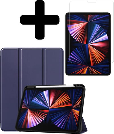 Hoes - Geschikt voor Apple iPad Pro (2021) - 11 inch - 3e generatie - Met Screenprotector - Trifold Bookcase - Hard Cover Case - Met Uitsparing Geschikt voor Apple Pencil - Hardcover Book - Tablet Hoesje - Donkerblauw