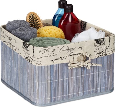 kastmand bamboe - 20 x 31 x 31 cm - handgrepen - badkamer - grijs-crème