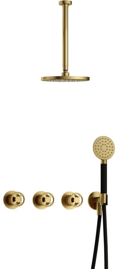 Hotbath Cobber - CW7067 - Inbouw Regendoucheset - Geborsteld Messing PVD - 2 Stopkranen - Thermostatisch - Plafondbuis 30 cm - Hoofddouche 200 mm - Ronde Handdouche 3 Standen - Waterbesparend