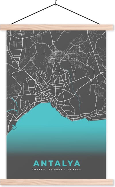 Posterhanger incl. Poster 40x60 cm - Schoolplaat - Antalya - Stadskaart - Plattegrond - Kaart - Blauw - Textielposter - Blanke latten - Stadskaart