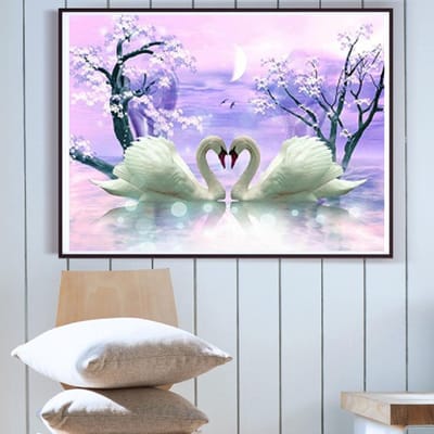 Peinture au diamant au point de croix, mosaïque de diamants, paysage de cygnes dans le lac, broderie au diamant, strass 20X30CM gray