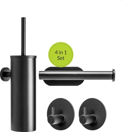 Toiletset Zwart - 4 delig - Wc Rolhouder - Handdoekhaak - Toiletborstel - Toilet Accessoires Set - Badkamer set