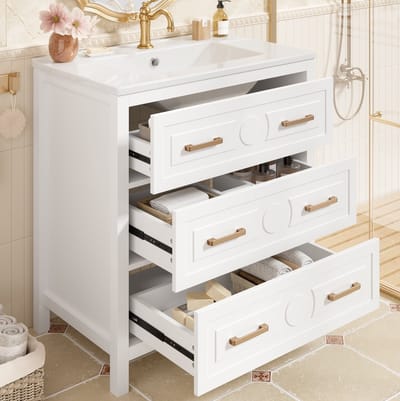 HAUSS SPOLE Badkamerkast Met Wastafel - Vrijstaand Met Keramische Wasbak En 3 Lades - Voor Badkamer - MDF En Wit - 76,5x47x82 Cm