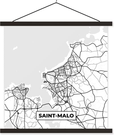 Posterhanger incl. Poster 60x60 cm - Schoolplaat - Frankrijk – Saint-Malo - Plattegrond – Stadskaart – Kaart - Zwart wit - Textielposter - Zwarte latten - Stadskaart
