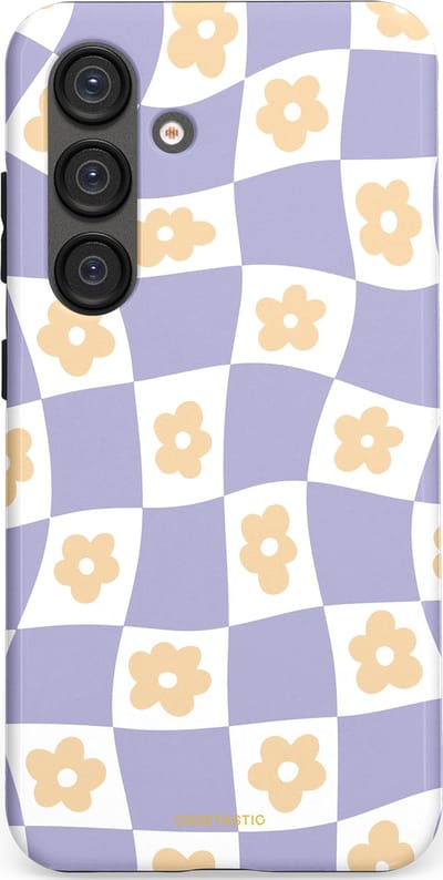Casetastic hoesje geschikt voor Samsung Galaxy S25 - Dubbellaagse bescherming - Kronkelende madeliefjes - Fashion Case - Lila Wit Zand Lichtgrijs