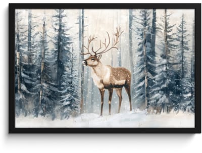 Poster in lijst - Fotolijst 60x40 cm - Posters - Rendier - Sneeuw - Woud - Wit - Posterlijst zwart - Decoratie - Wanddecoratie woonkamer - Muurdecoratie slaapkamer
