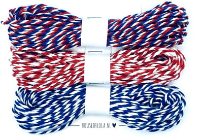 3 kleuren Bakkerstouw / Touw / Koord | 3 x 5 meter | 100% katoen | 3 mm | rood-wit-blauw / rood-wit / blauw-wit