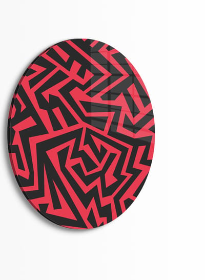 Indoorart - Muurcirkel Zwart Rood Patroon Plexiglas 30 cm - Wanddecoratie - Afbeelding op Plexiglas - Inclusief ophangplaat