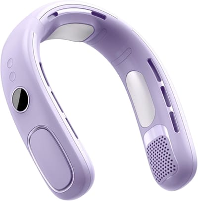 Opbergtas, Halfgeleider Bladloze Halsventilator, Oplaadbaar Digitaal Scherm, Draagbaar Koelgadget, Geschikt voor Volwassenen & Kinderen, Paars