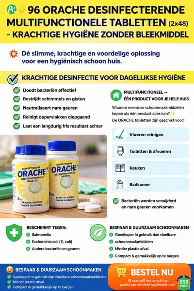 96 DESINFECTERENDE MULTIFUNCTIONELE TABLETTEN (2x48) – KRACHTIGE HYGIËNE ZONDER BLEEKMIDDEL Dé slimme, krachtige én voordelige oplossing voor een hygiënisch schoon huis
