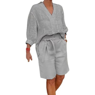 2 Stuks/Set Dames Shirt Shorts Set Effen Kleur Driekwart Mouwen V-hals Blouse Hoge Taille Losse Knielengte Broek Set Casual O M gray