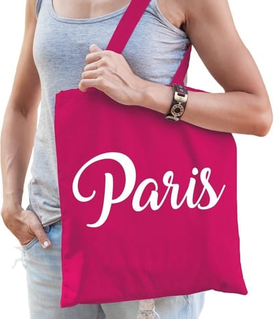 Katoenen Parijs/wereldstad tasje Paris fuchsia roze - 10 liter - steden cadeautas