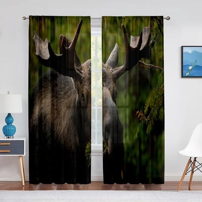 Herten In De Bergen Transparante Gordijnen voor Woonkamer Decoratie Wilde Dieren Jagen Raamgordijn Slaapkamer Keuken Tule Voile Gordijnen 1 PCS W100XH250cm&Rod Pocket